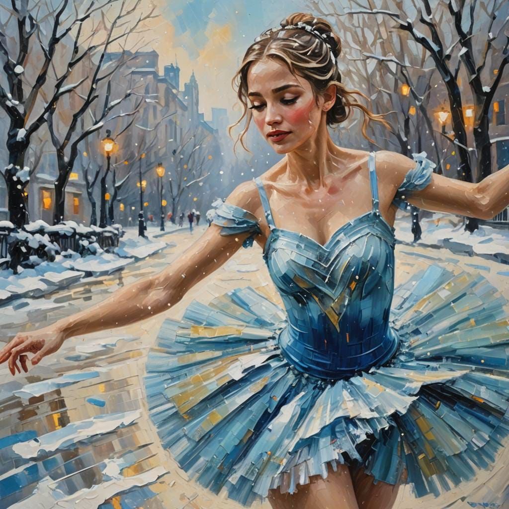 Ballerina Dancing in Falling Snow, Expressionist Oil Paintin...