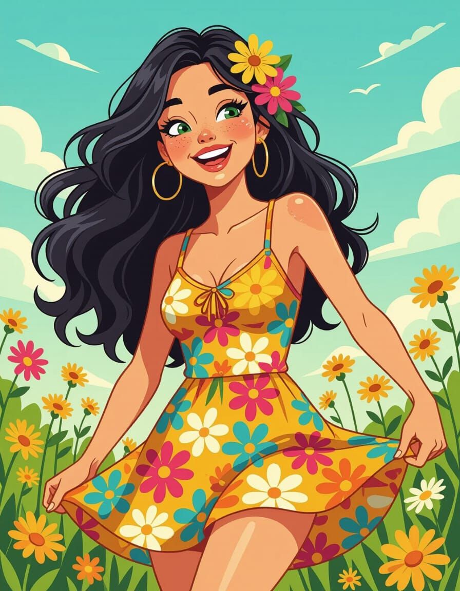 Young American Woman Dancing in Vibrant Comic Style