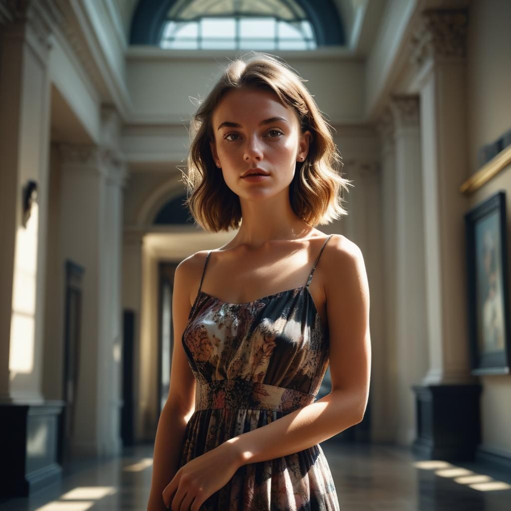 Museum Fashion Portrait in High-Contrast Lighting