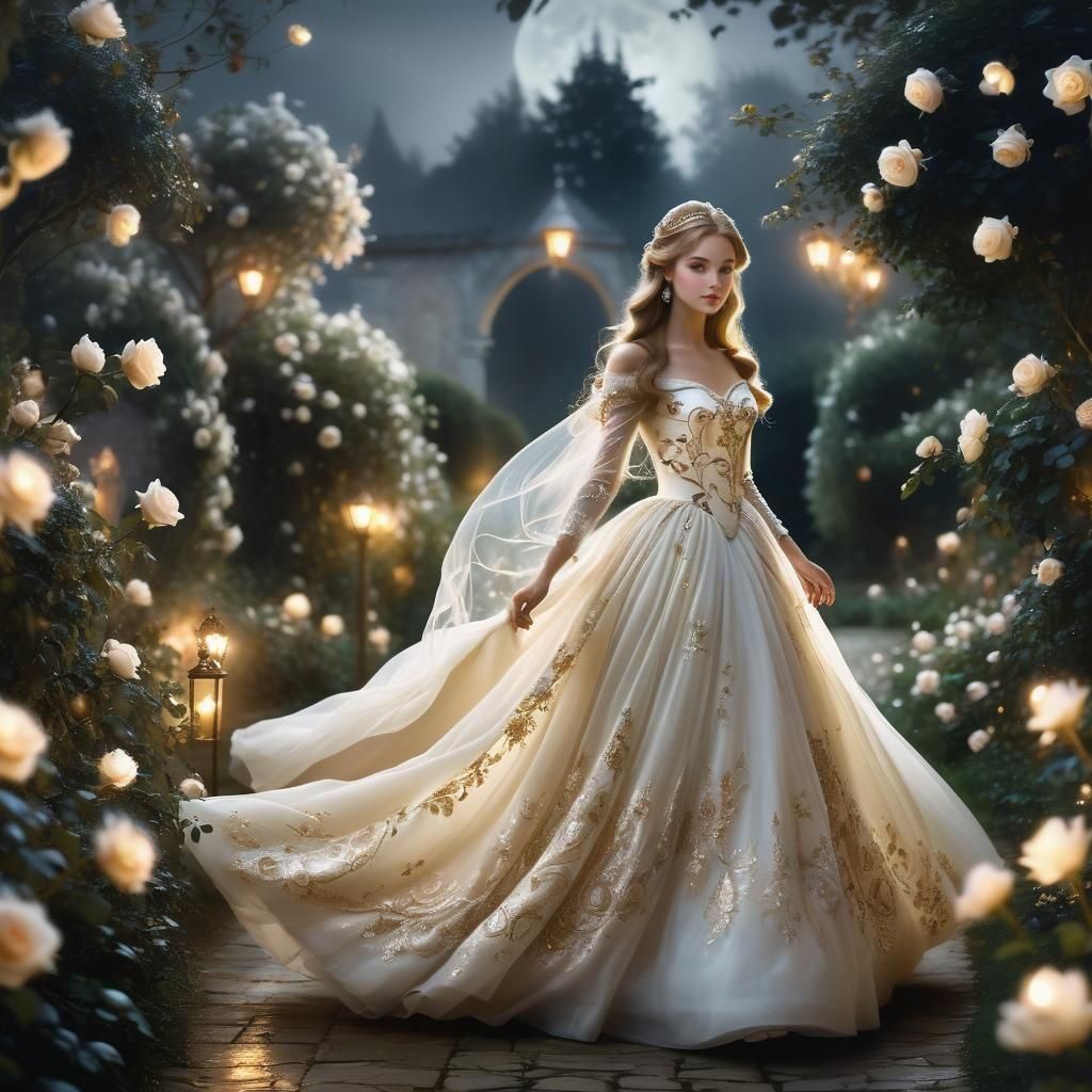 Beautiful Princess in Rose Ballgown at Night