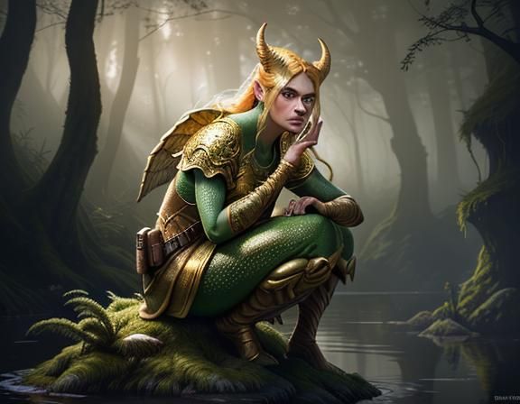 Female Amphibioid Crouching Near Lake in 3D Rendered Style