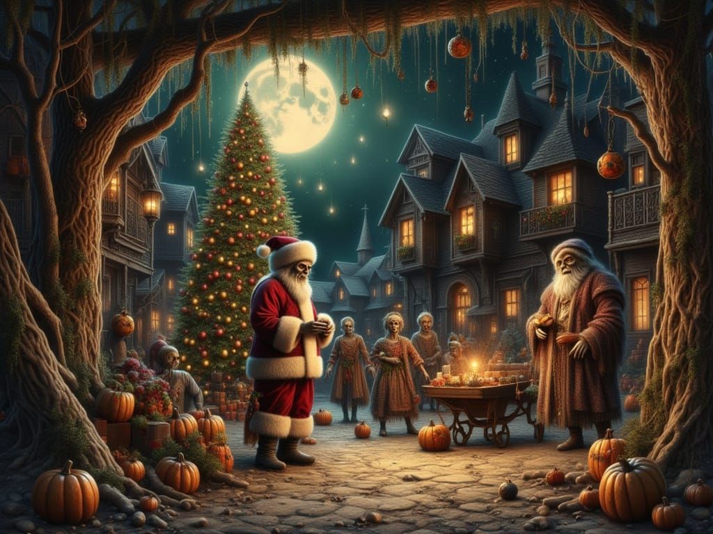 Spooky Christmas Crypt Scene in Gouache Painting Style