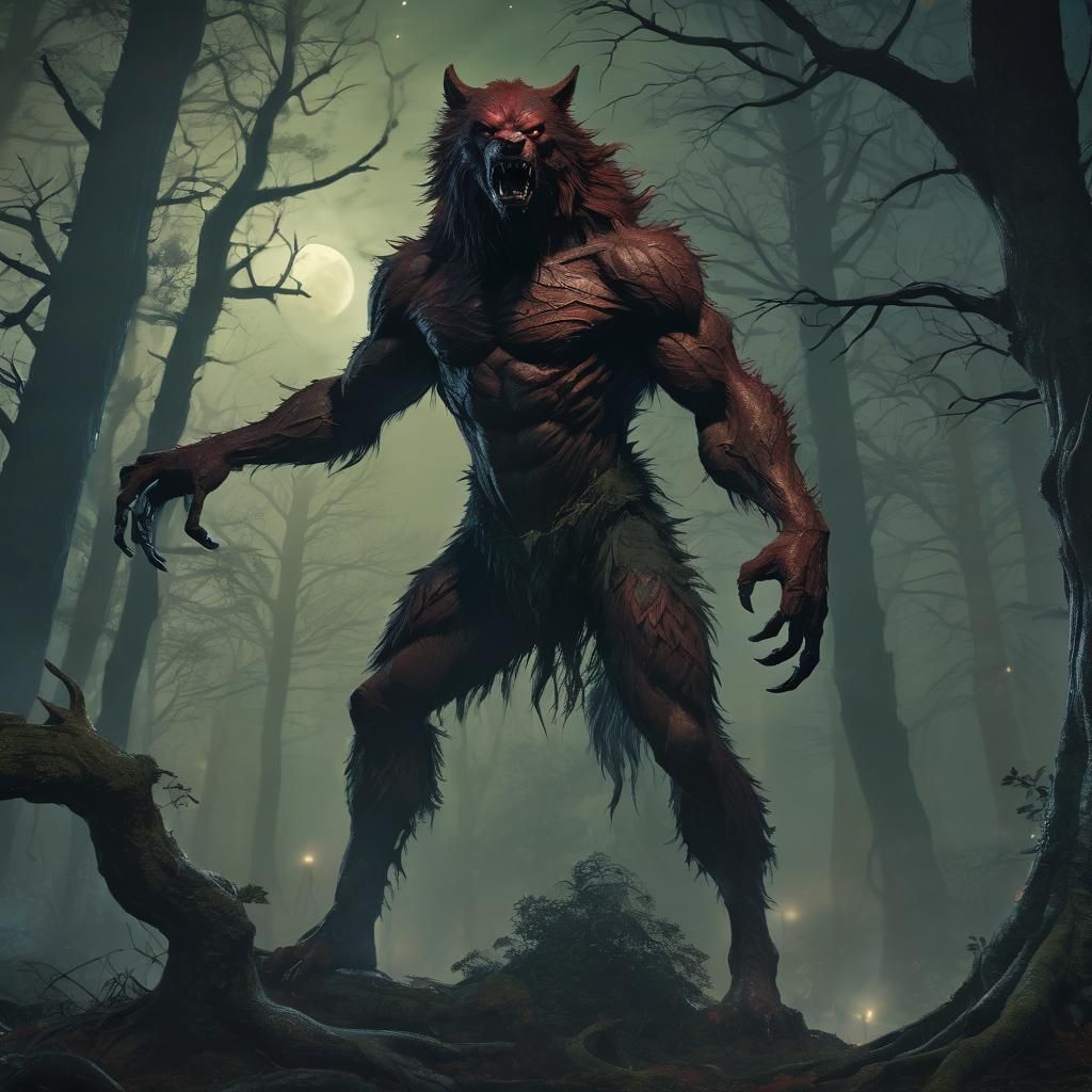 Red Werewolf in Ancient Forest Concept Art