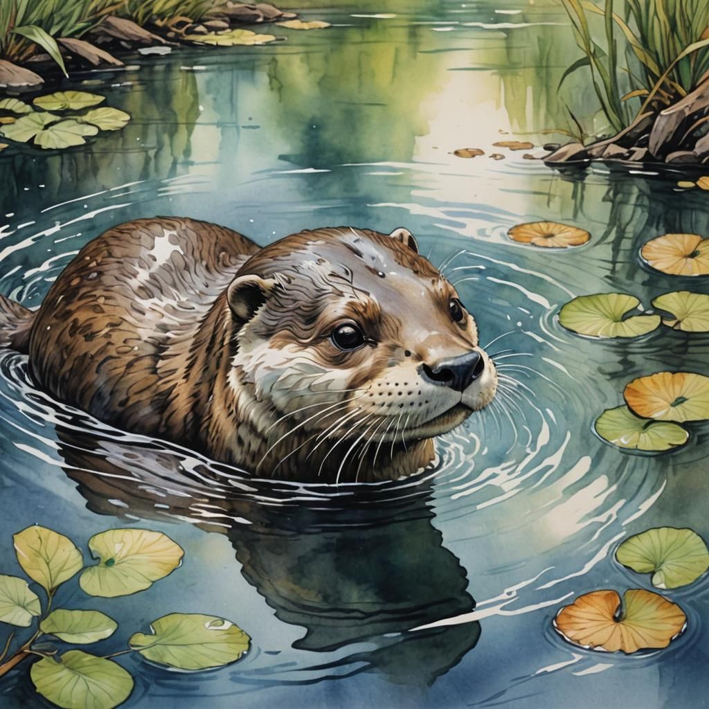 Playful Otter in Watercolor Comic Art Style