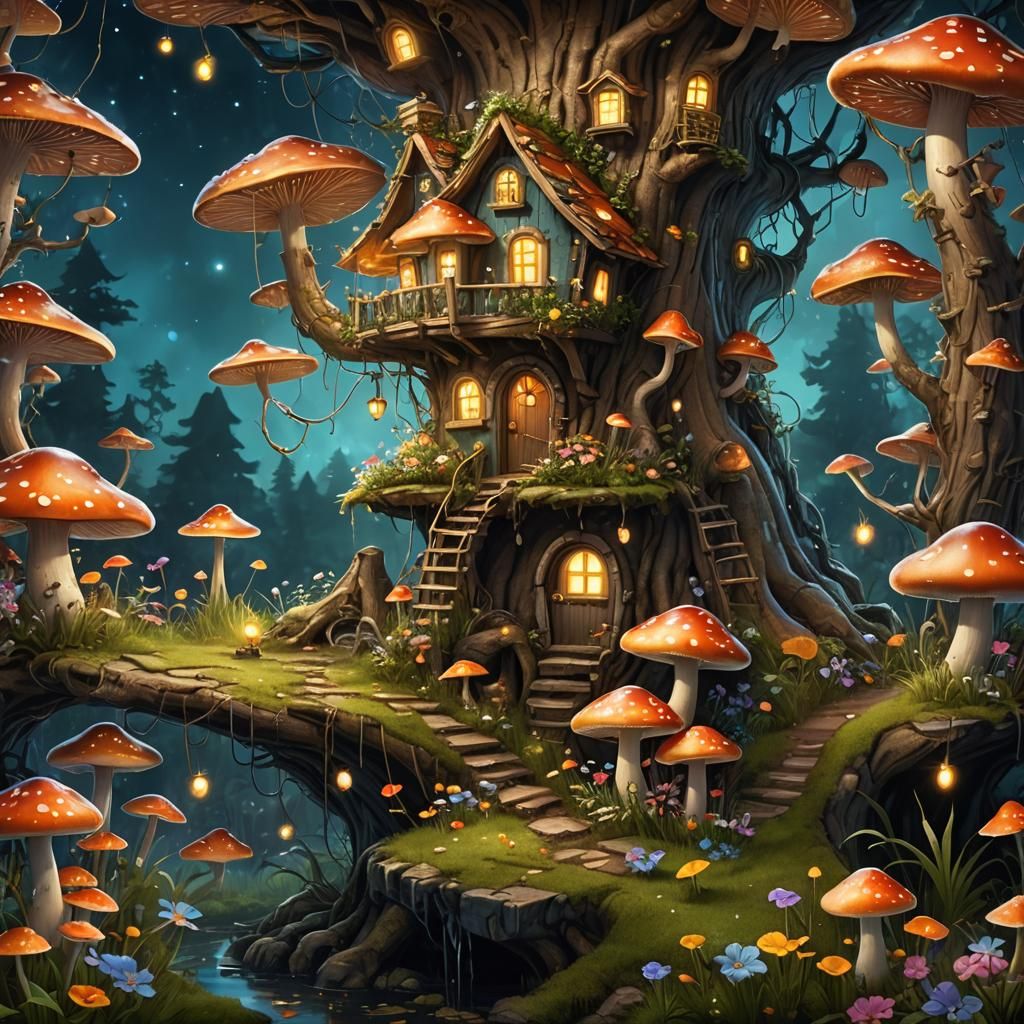 Enchanted Fairy Mushroom House with Fireflies