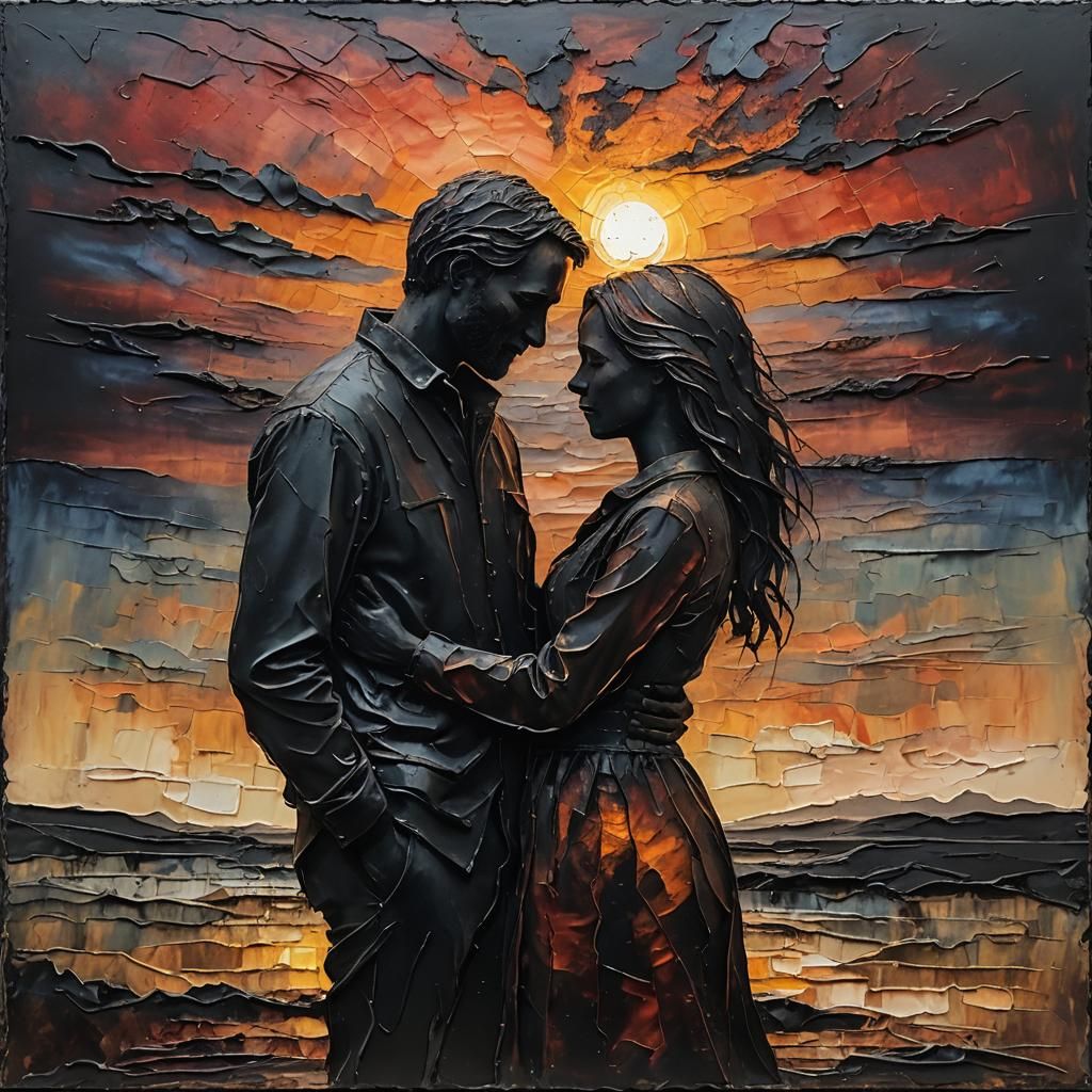 Encaustic Painting of Couple Embracing at Sunset