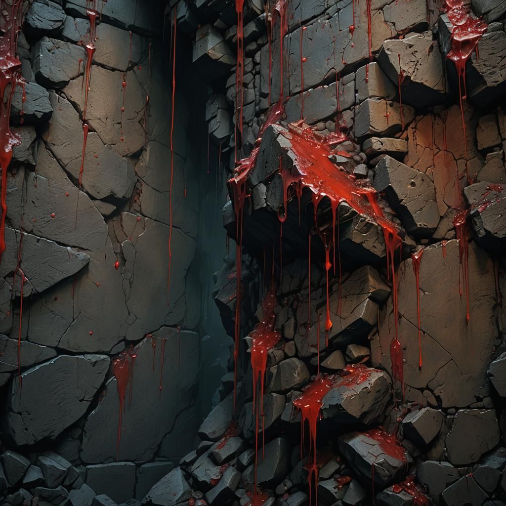 Blood Splatters on Stone Wall in Dark Chamber