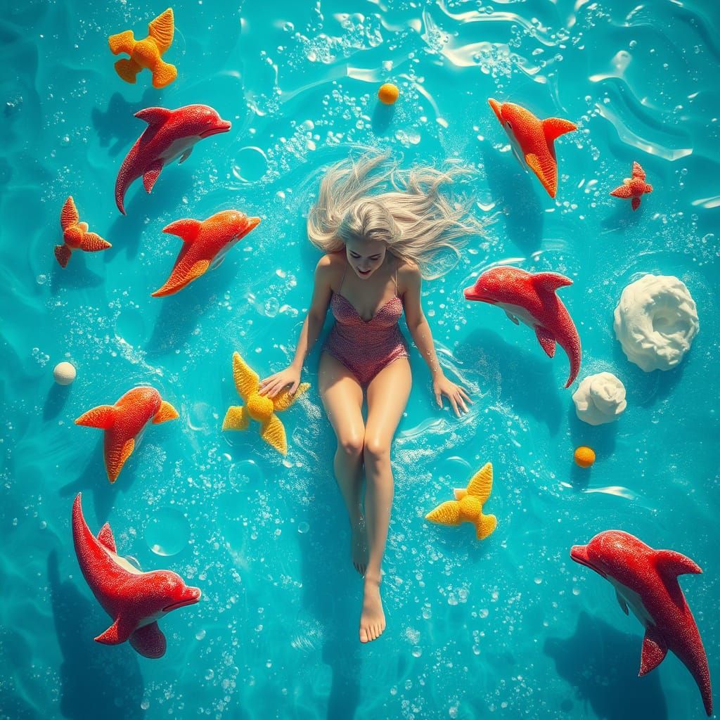 Dreamlike Soda Sea with Gummy Dolphins, Digital Art