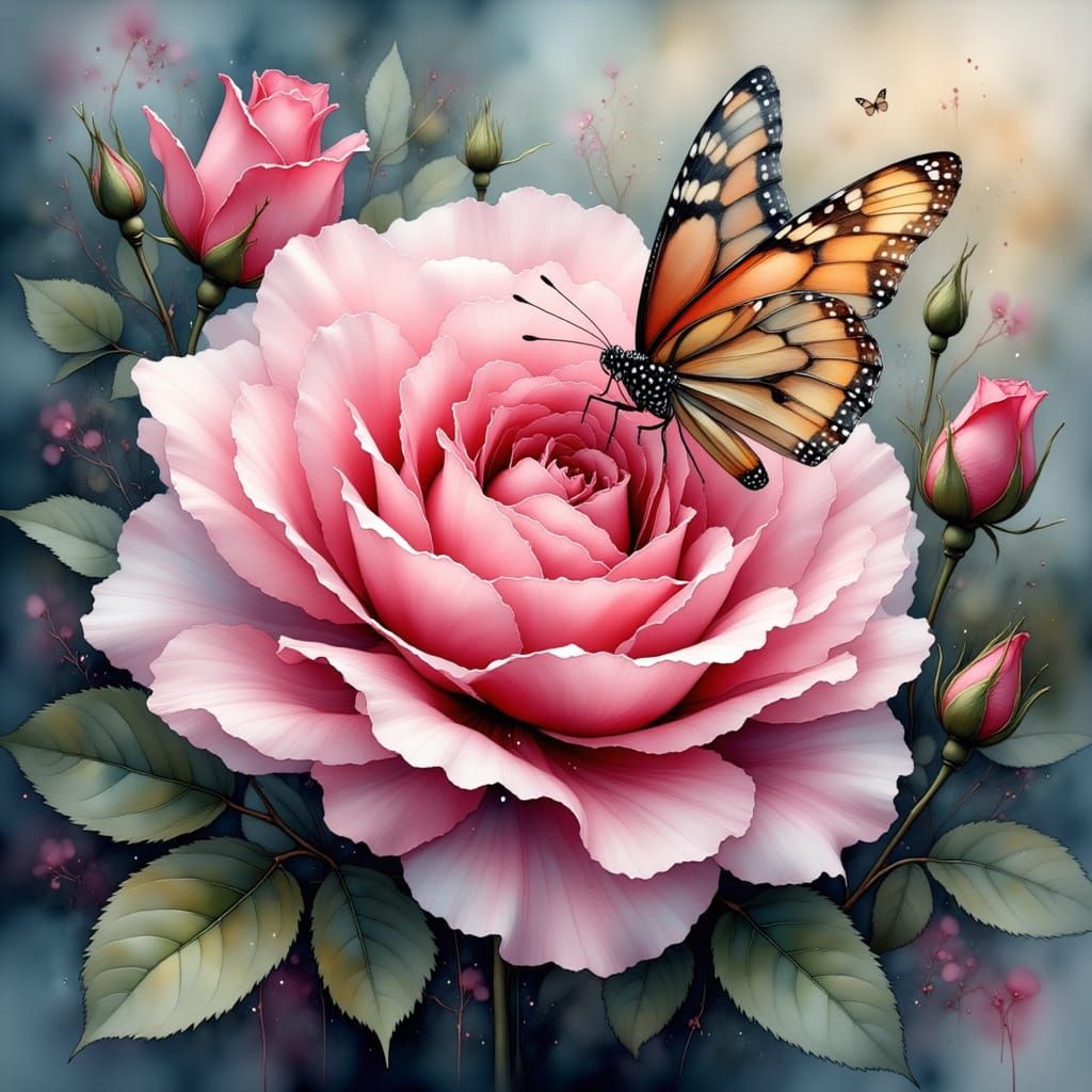 Dreamy Double Exposure of a Butterfly on a Pink Rose