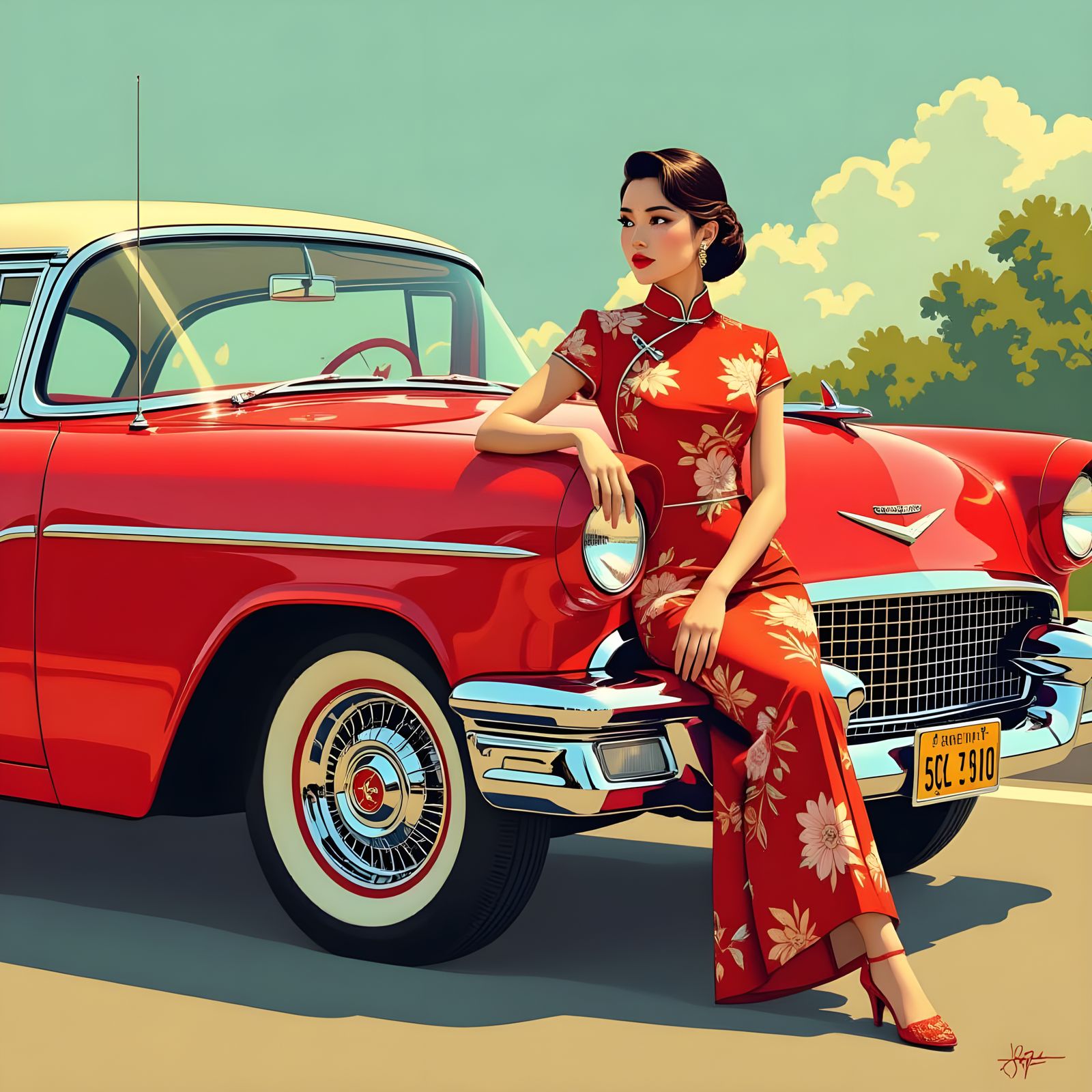 Teenager in Qipao Poses on Vintage Car