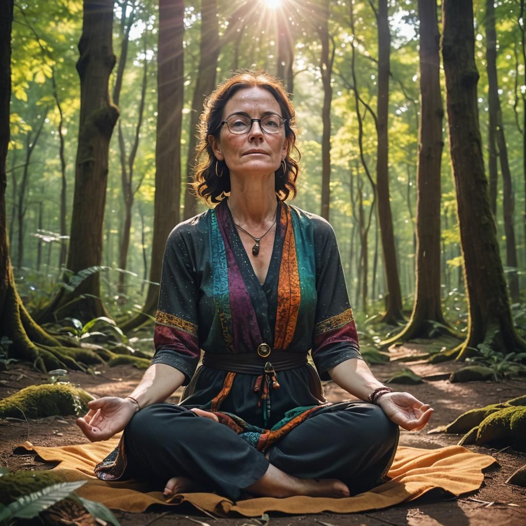 Meditating Brunette Woman in Mystical Forest