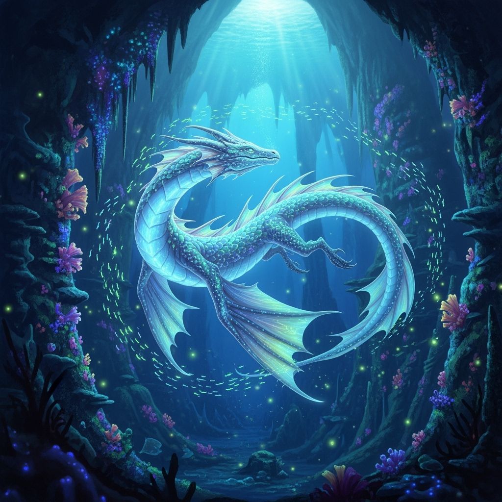 Bioluminescent Dragon in Deep-Sea Cave, Detailed Digital Art