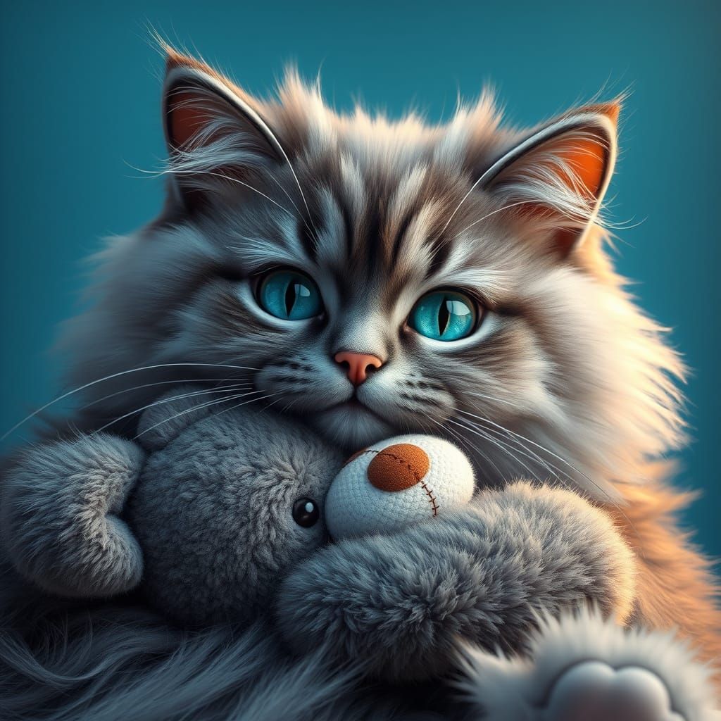 Majestic Grey Angora Cat Cuddles Teddy Bear in Whimsical Fan...