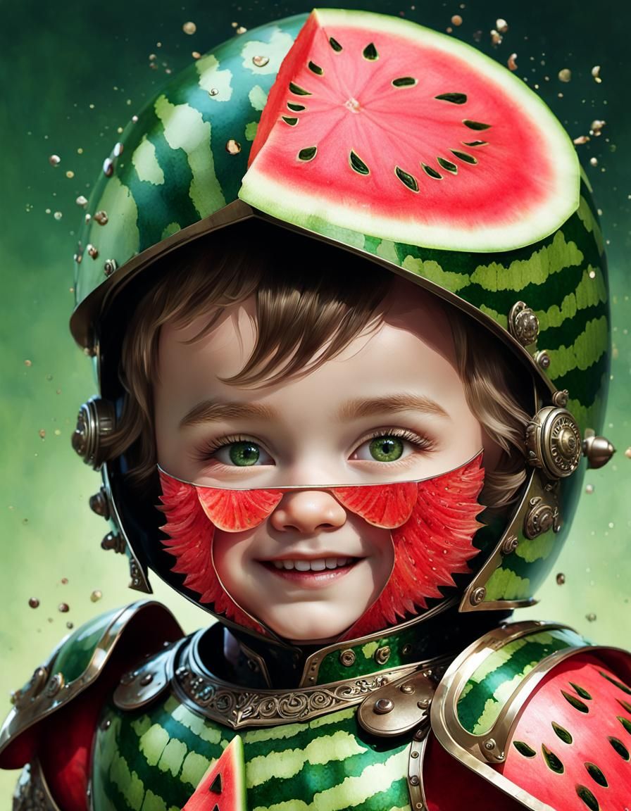 Toddler in Watermelon Armor: Digital Art Masterpiece
