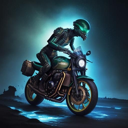 Aliens on Triumph Motorcycle in Hyperrealistic Splash Art