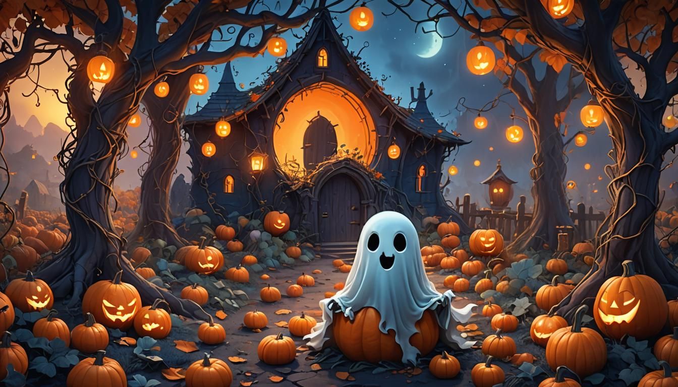 Cute Ghost in Pumpkin Patch Fantasy Art