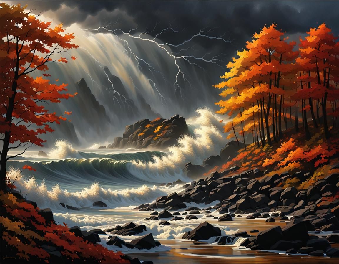 Dramatic Autumn Storm on the Coast: Digital Painting