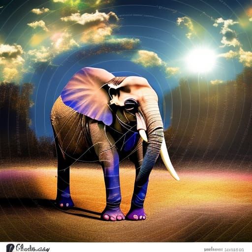 Majolica Elephant in Iridescent Futuristic Landscape
