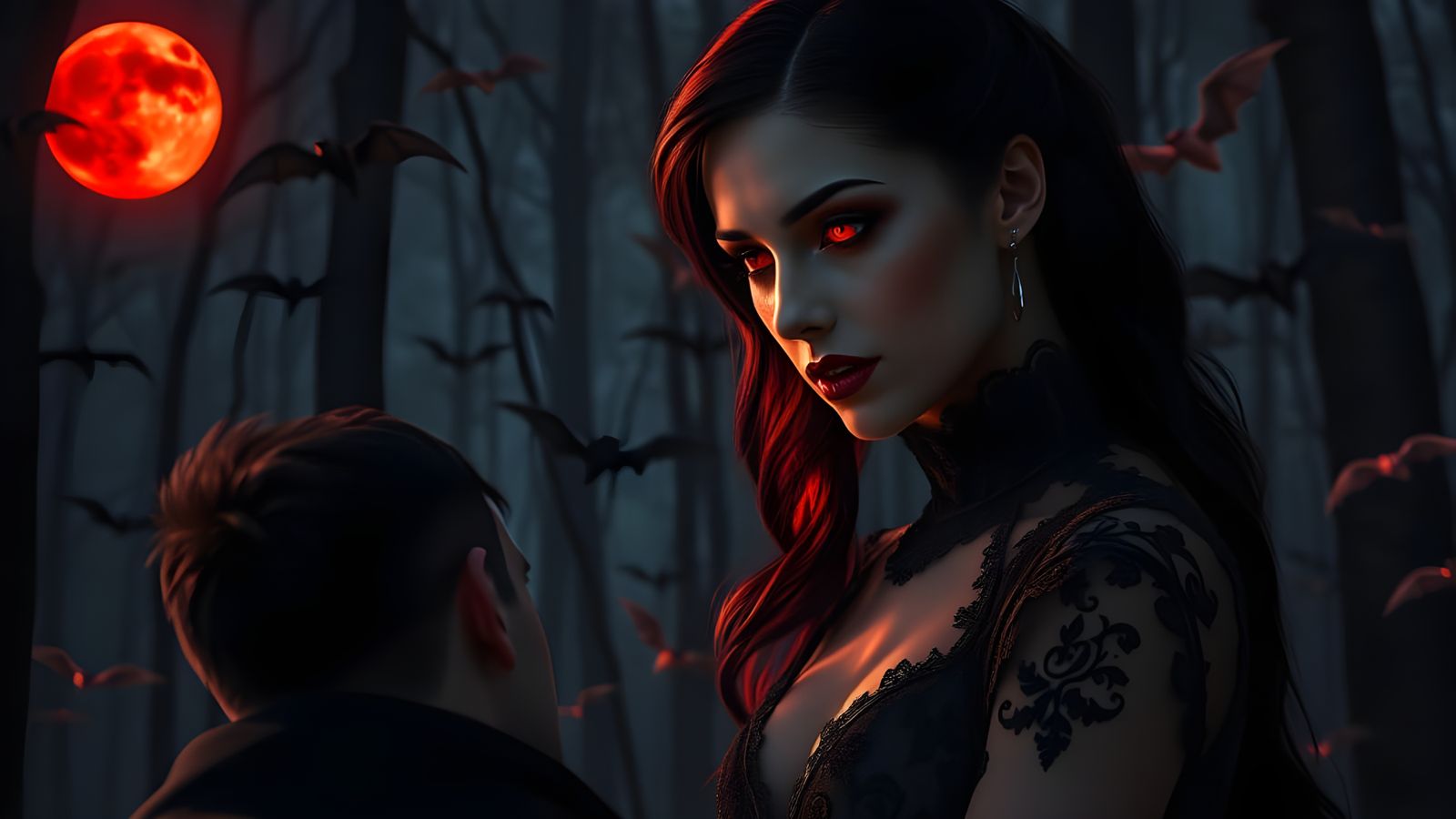 Elegant Vampire Huntress Under Red Blood Moon