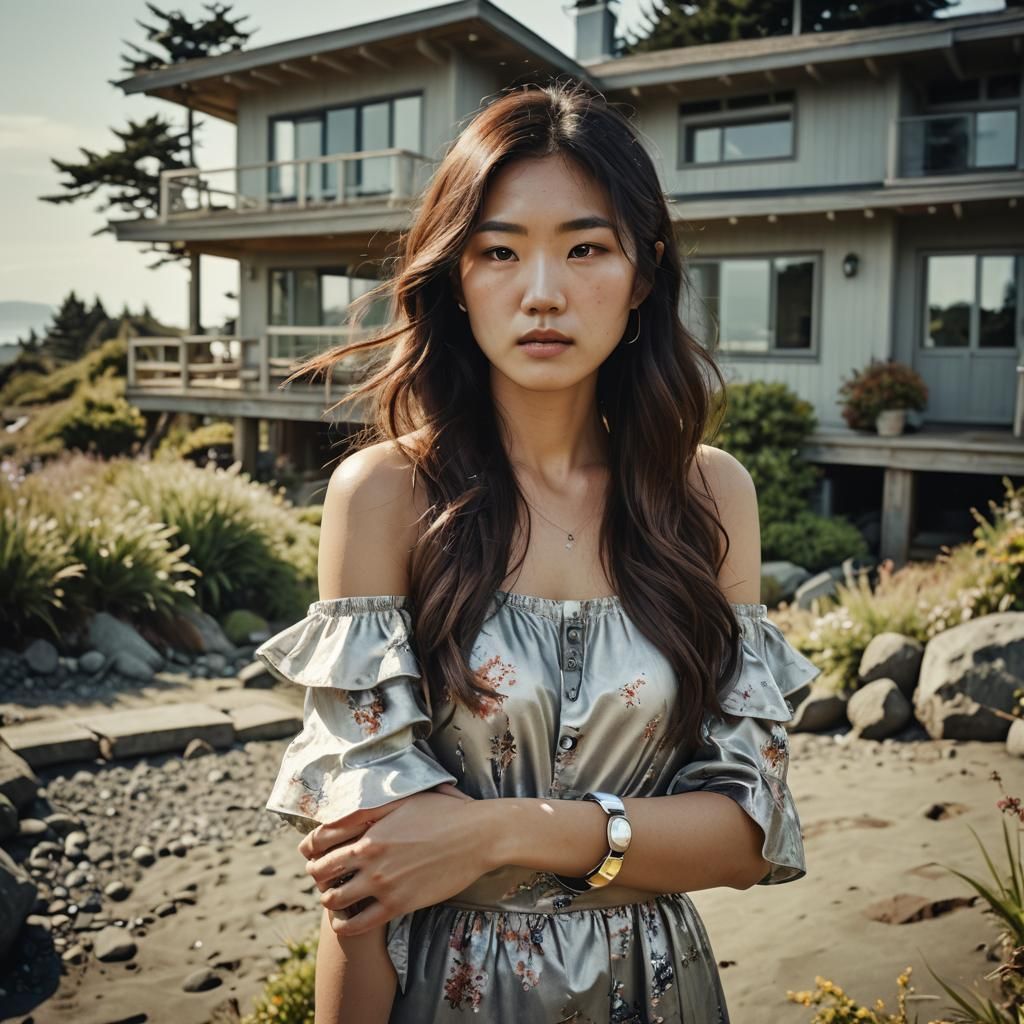 Korean Woman at Beach House: Cinematic Film Still
