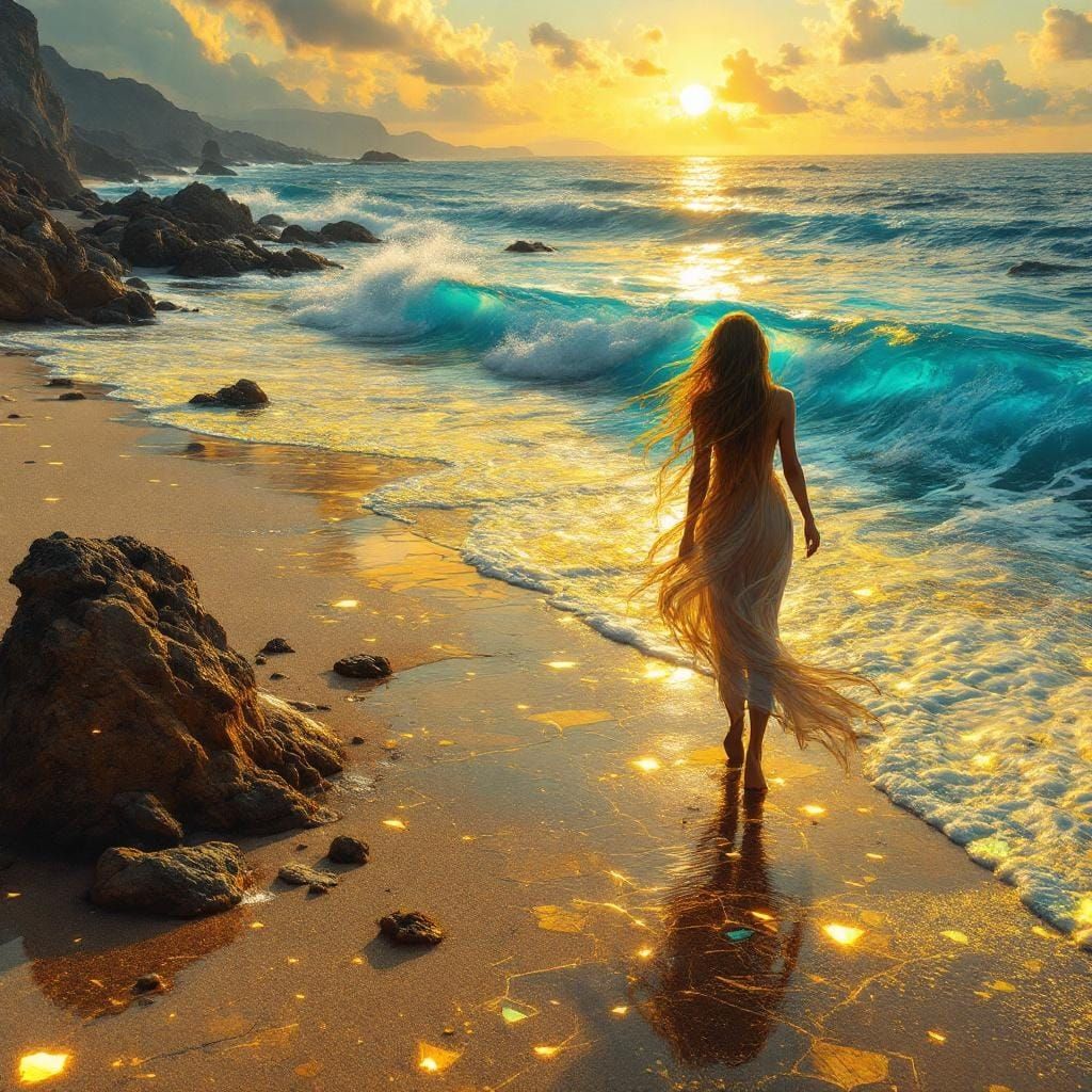 Surreal Beach Scene with Golden Waves and Light Footprints