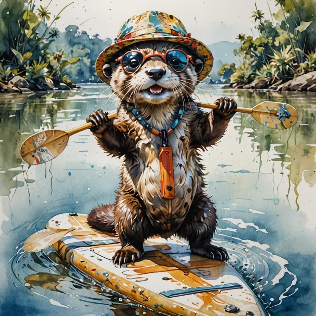 Smiling Otter Paddling on Sparkling River in Watercolor