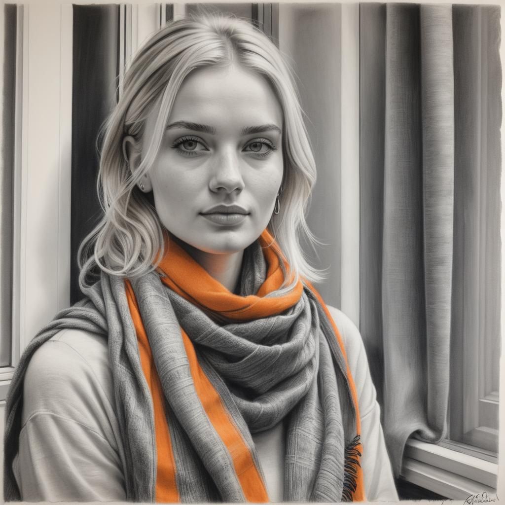 Blonde Girl at Window: Hyperdetailed Charcoal Drawing