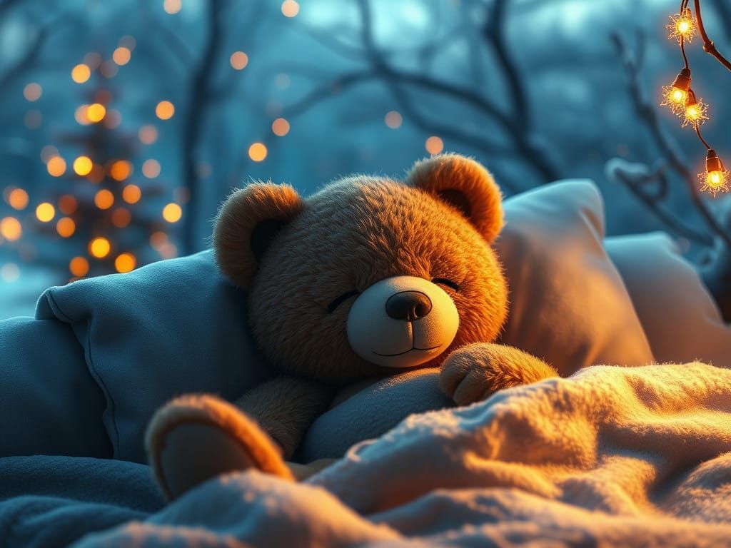 Serene Winter Wonderland with Teddy Bear Slumbering in Cozy....