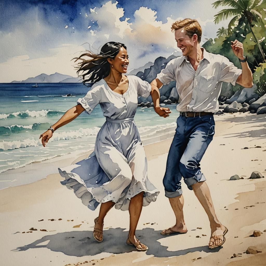 Couple Dancing on Beach in Detailed Watercolor