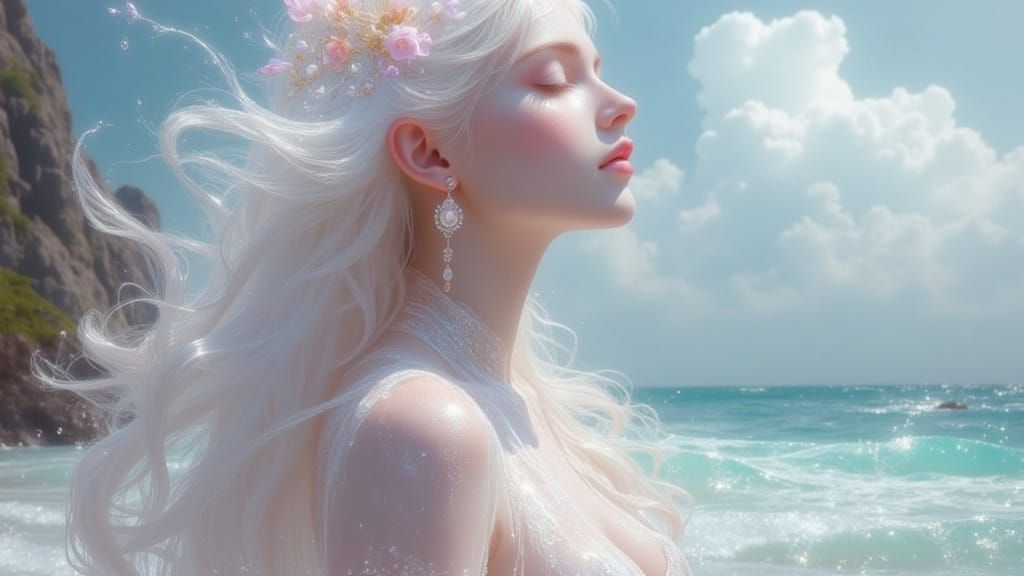 Ethereal Figures at Ocean Shore in Dreamcore Style