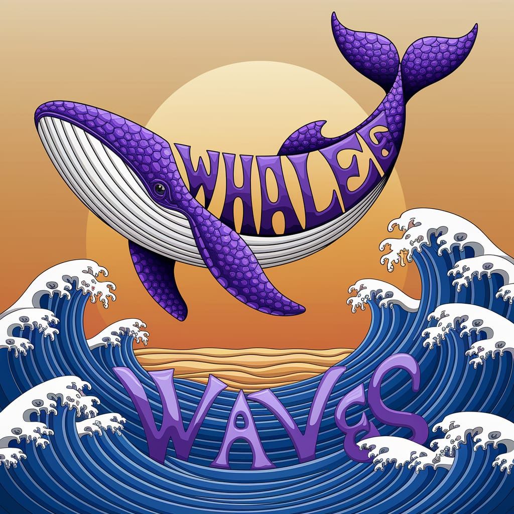 Vibrant Whale Calligram in Encaustic Pointillist Style