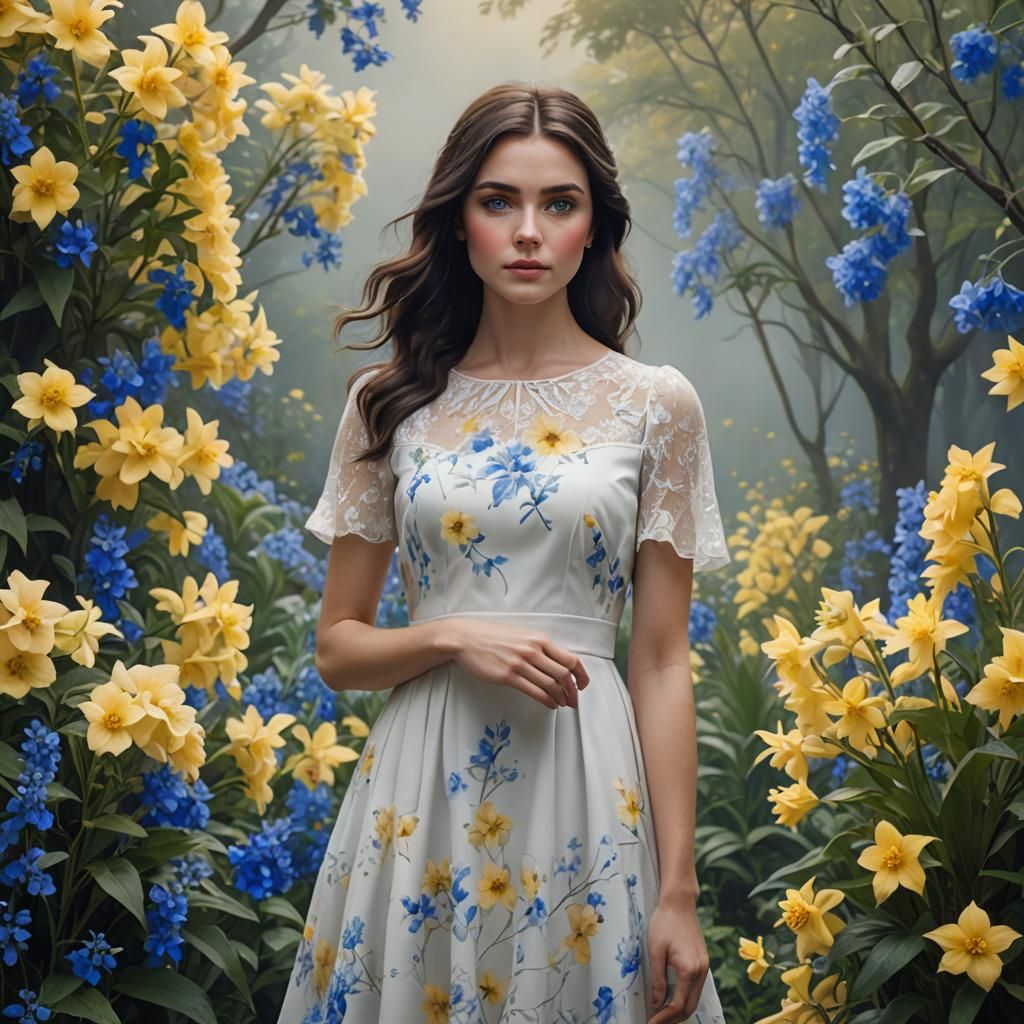 Beautiful Woman in White Dress in Lush Garden