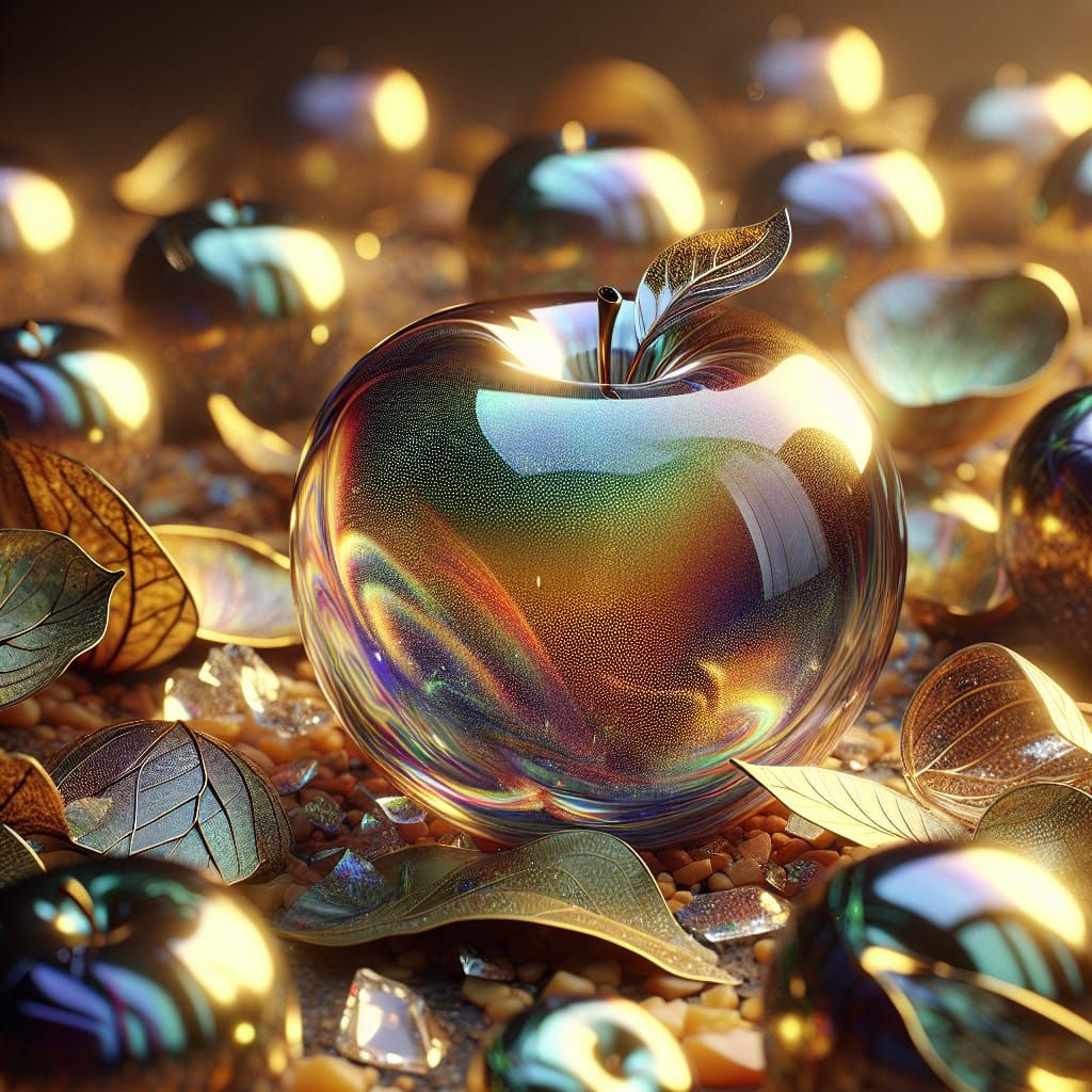 Iridescent Glass Apple with Broken Fruit: 3D Render