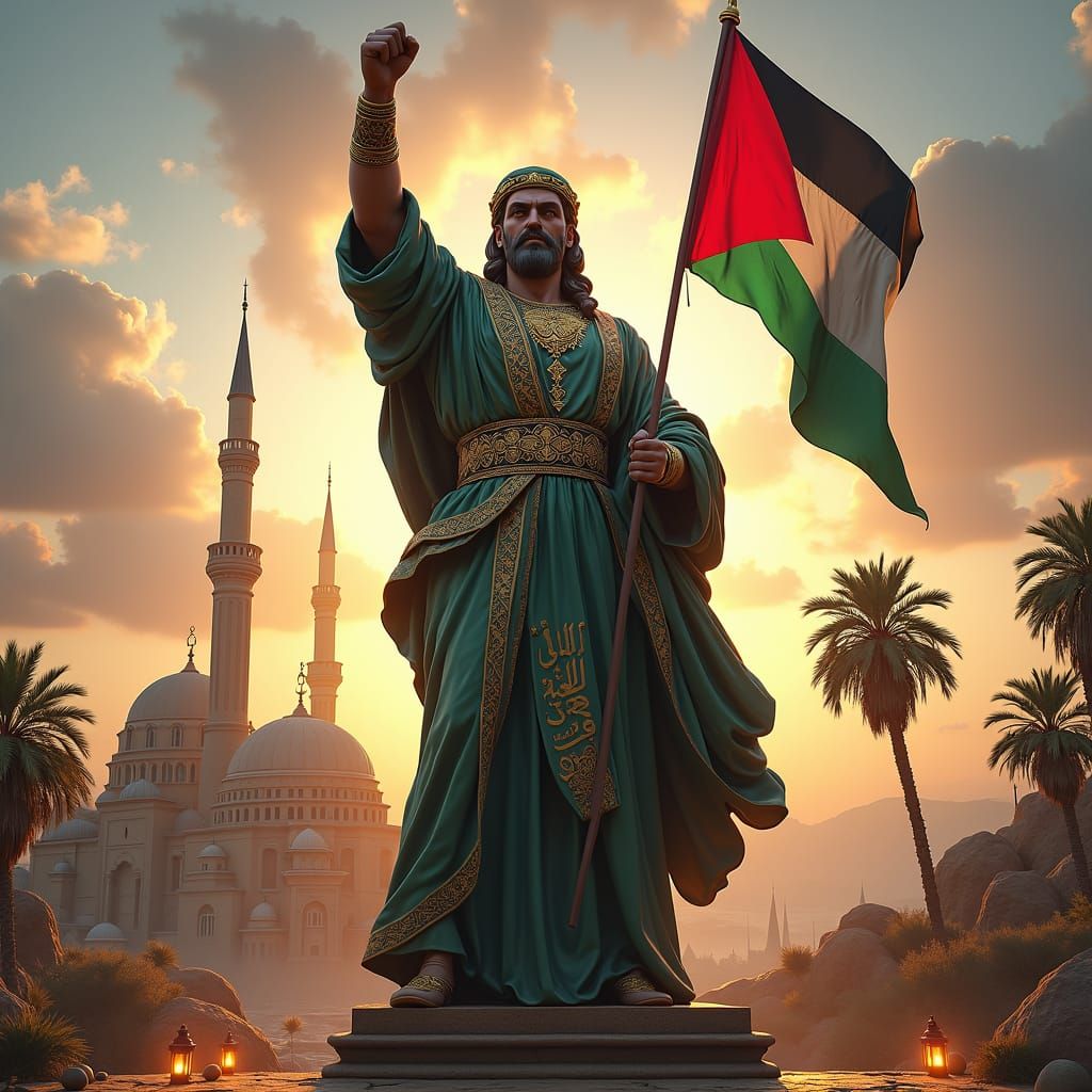 Majestic Palestinian Statue Against Ancient Cityscape