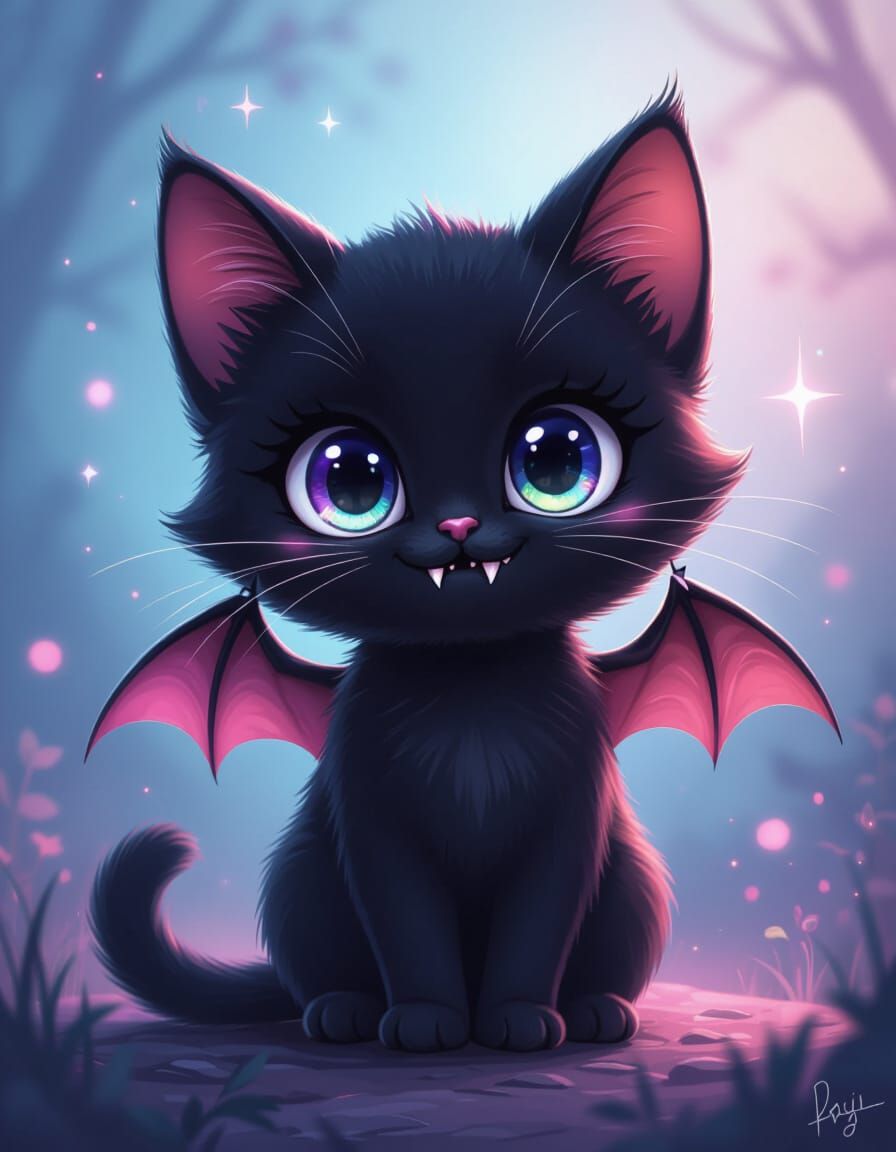 Kawaii Vampire Cat with Bat Wings and Neon Highlights
