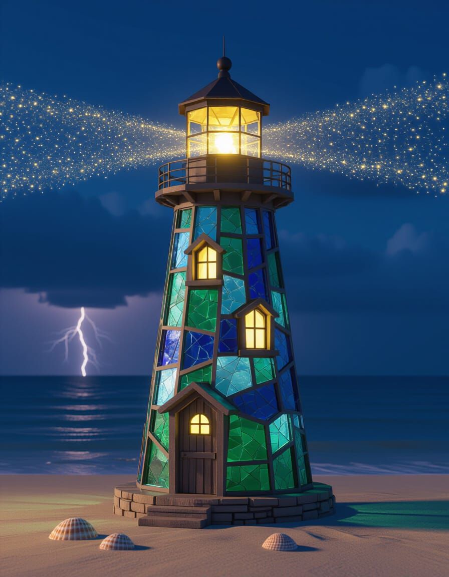 Irregular Mosaic Lighthouse with Stardust Beam and Aurora