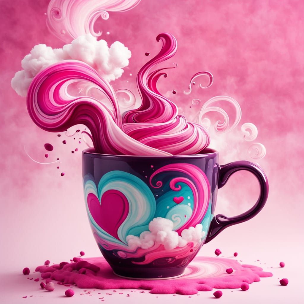 Whimsical Coffee Scene in Vibrant Gouache Swirls