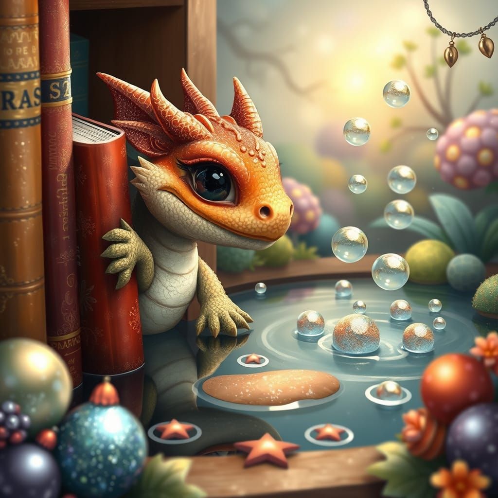 Chubby Dragon Peeks from Bookshelf in Whimsical, Glittery Wo...