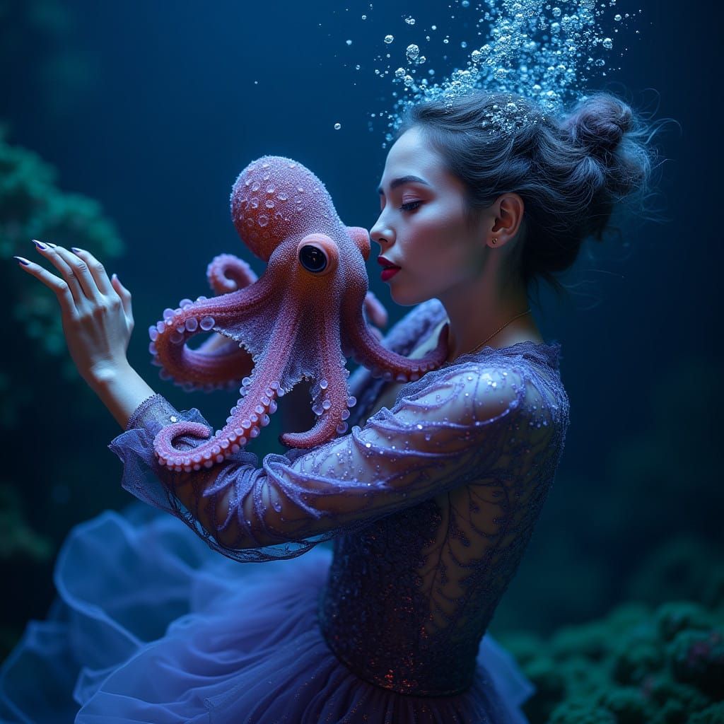 Whimsical Underwater Encounter of Human and Octopus