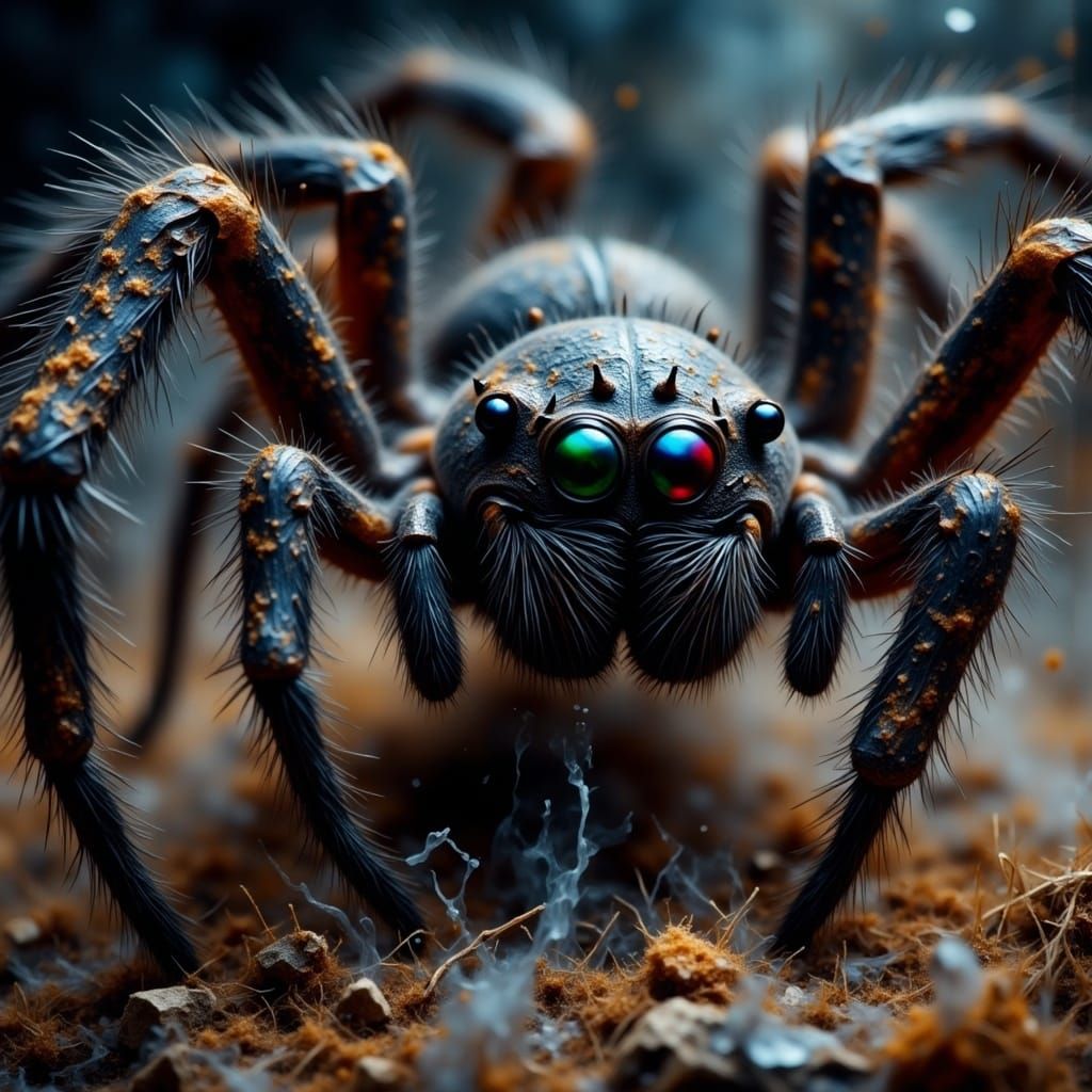 Cave Spider Weaving Web in Grunge Impasto Style