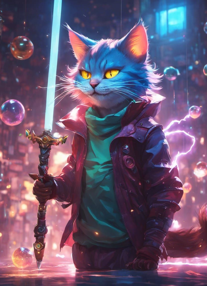 Cheshire Cat with Sword in Anime Digital Illustration