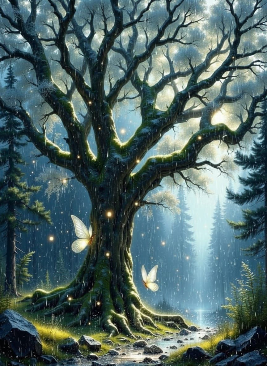 Ancient Mystical Tree with Fairies and Glowing Rain