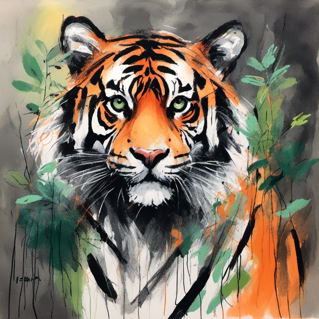 Charcoal and Gouache Tiger in Jungle