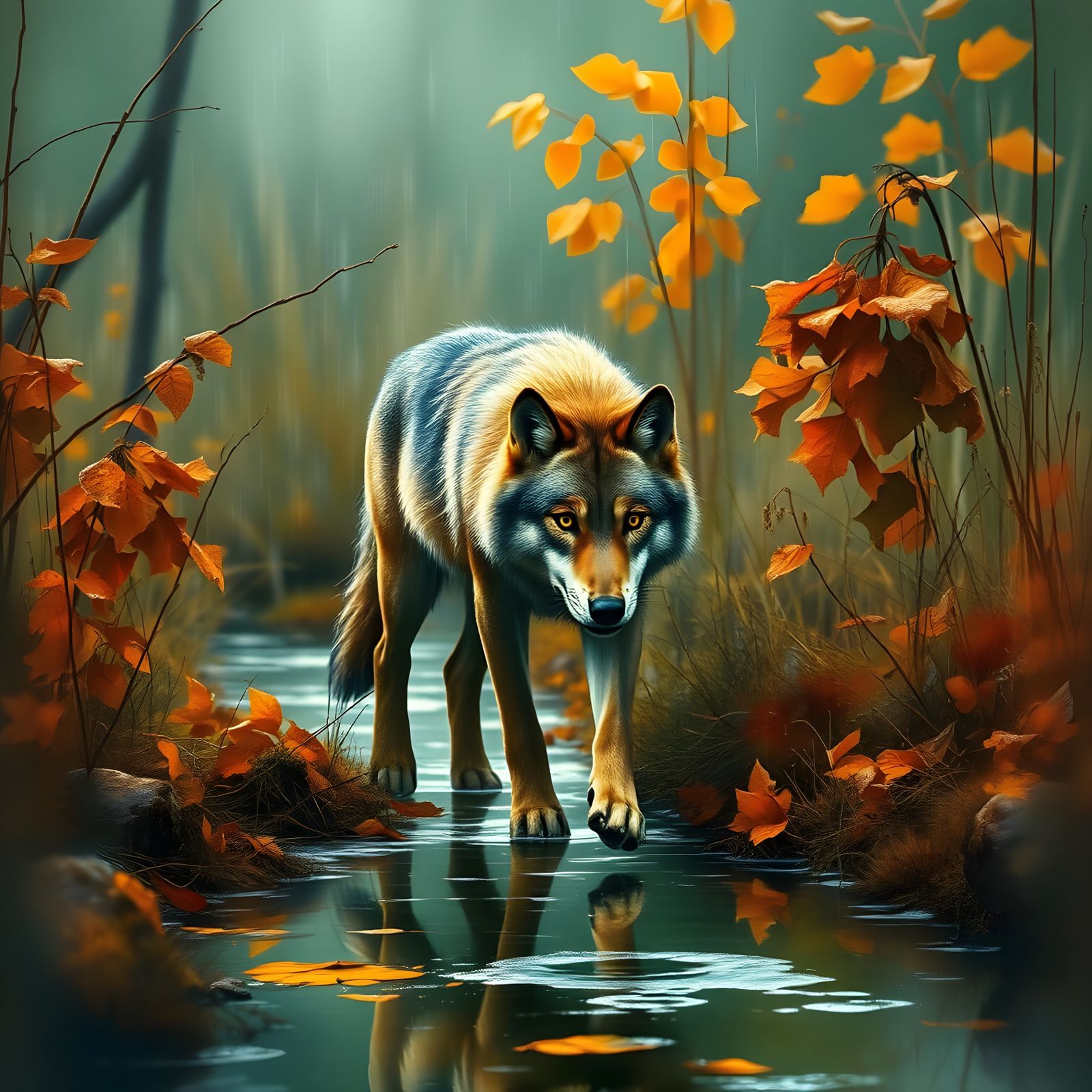 Wolf in Autumn Marsh During Gentle Rain