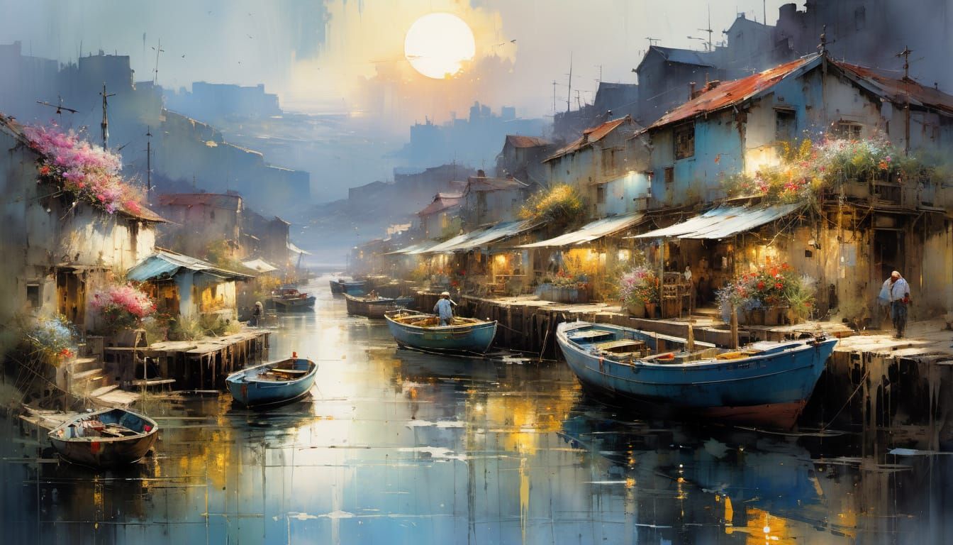 Spring Fishing Village Watercolor Painting