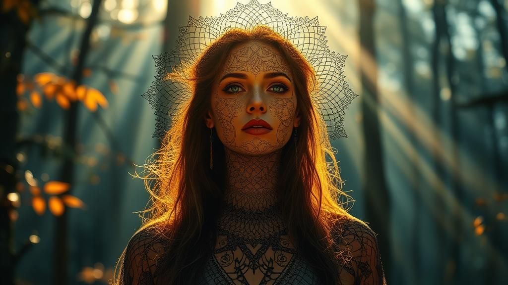 Mystical Woman in Black Forest with Autumn Light