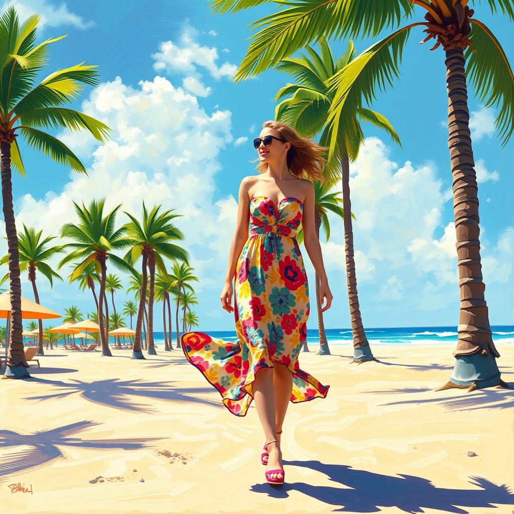 Woman on Sunny Beach in Pop Art Style