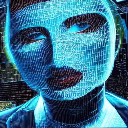 Digital Face Materializing in Neon Noir Laboratory