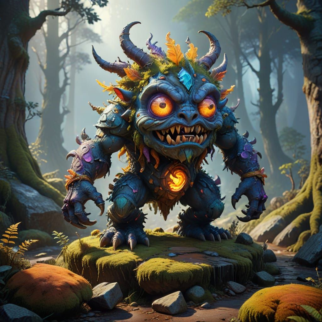 Cartoon-Style Monster in Ancient Forest