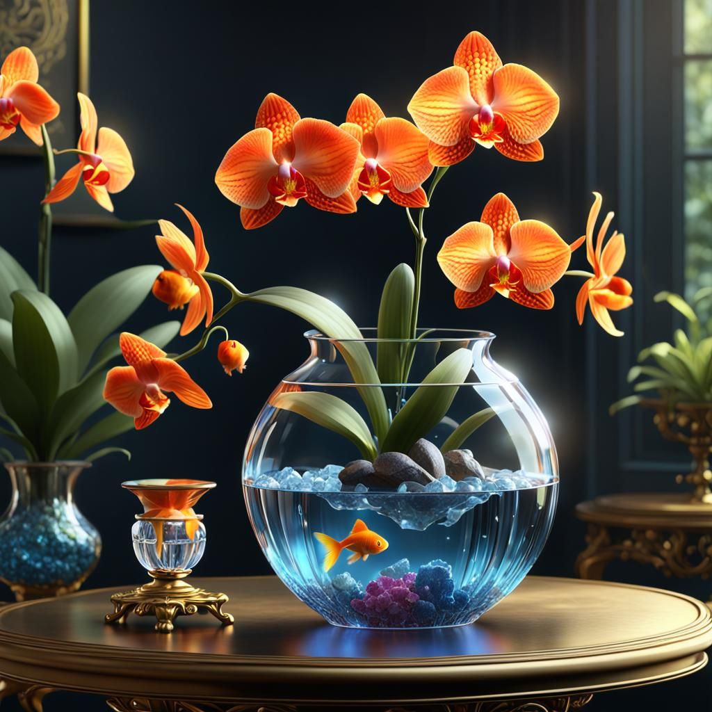 Orchid and Goldfish in Crystal Vase